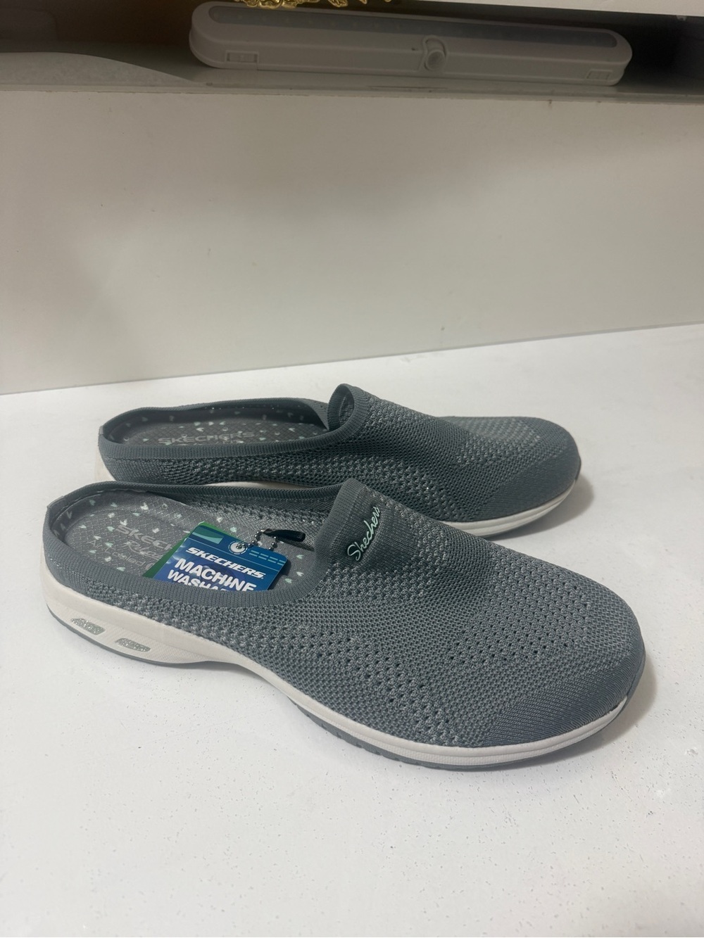 Skechers Charcoal Gray Knit Slip-On Mule Clogs